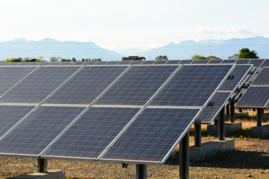 Solar panel with sunlight and blue sky background. concept clean energy power in nature 01