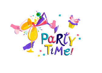 Three people clink glasses of champagne and cocktails birthday party.