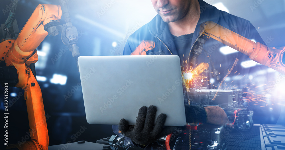 Poster mechanized industry robot arm and factory worker double exposure . concept of robotics technology fo