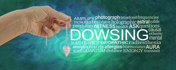 Words associated with Dowsing - female hand holding a clear quartz pendant beside the word DOWSING surrounded by a relevant word cloud on dark green vortex spiral flowing background 
