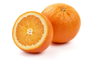 Fresh orange with juicy half, isolated on white background