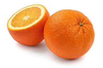 Fresh orange with juicy half, isolated on white background