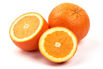 Fresh orange with juicy half, isolated on white background