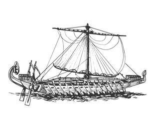 Galley of the ancient Greeks. Wooden sailboat with oars. Graphic hand drawing. Vector