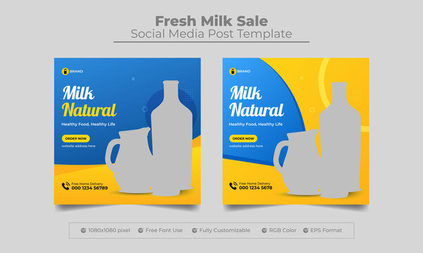 Fresh Organic Milk Product Sale Social Media Post And Web Banner Bundle Template, Milk Sale Instagram Post Template Set,