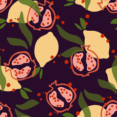 Lemon fruit and granat fruit on the hand drawn semaless pattern