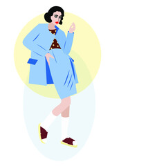 Illustration. A girl in a blue suit and a polka-dot blouse in white knee socks and open flip-flops on a background of blue and yellow. Vector 10 eps. Space for text