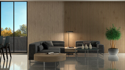 Illustration 3D rendering large luxury modern bright interiors Living room mockup computer digitally generated image