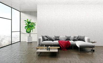 Illustration 3D rendering large luxury modern bright interiors Living room mockup computer digitally generated image