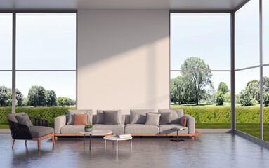 Illustration 3D rendering large luxury modern bright interiors Living room mockup computer digitally generated image