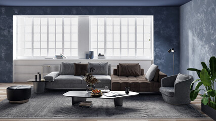 Illustration 3D rendering large luxury modern bright interiors Living room mockup computer digitally generated image