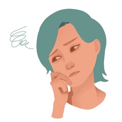 頬に手を当てて悩む若い女性