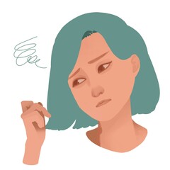 髪がひろがって悩む若い女性