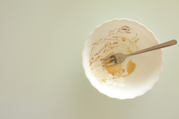 dirty porcelain dish with a fork after dessert