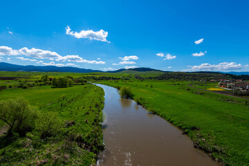 Fototapeta na wymiar Calm flowing Olt river , vibrant green fields at spring, blue sky with white clouds.