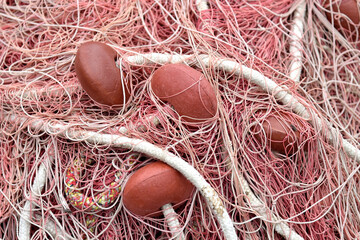 details of fishing nets with ropes and floats