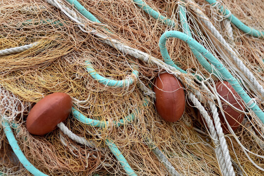 details of fishing nets with ropes and floats