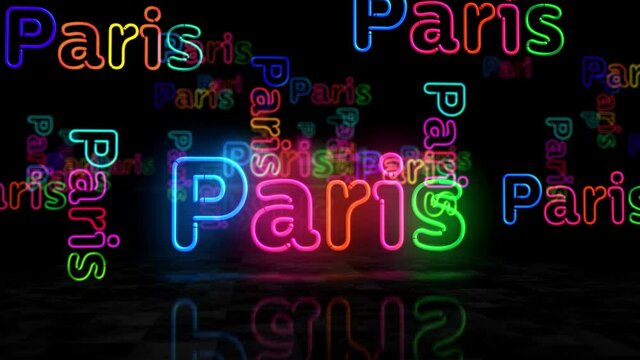 Paris symbol neon glowing symbol. Light color bulbs with romantic sign. Abstract concept 3d animation.