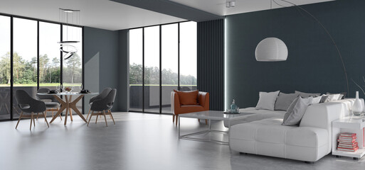 Illustration 3D rendering large luxury modern bright interiors Living room mockup computer digitally generated image