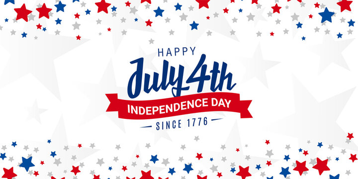 Happy 4th of July, independence day since 1776 design with ribbon on red, blue and white starburst abstract background, template for poster, banner, postcard, flyer, greeting card. Vector illustration
