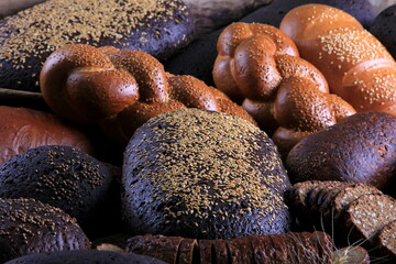 Still life with different types of bread: black, rye, white bread, bread with seeds. bread and wheat ears. 