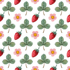 Bright seamless watercolor pattern with strawberries, leaves and flowers