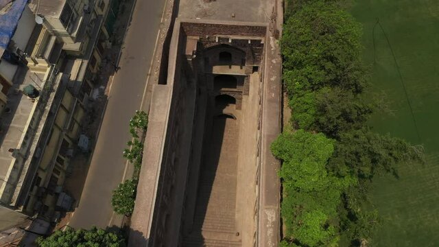 An aerial shot of Agrasen Ki Baoli at New Delhi in India
