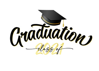 Graduation 2021, golden lettering with square academic cap. Сlass of 2021, congratulation concept for design high school party or college. Vector illustration for graduate invitations