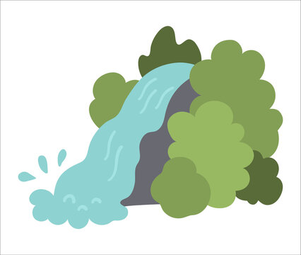 Vector waterfall icon. Nature landscape illustration isolated on white background. Flat water fall picture with greenery and trees. Wildlife or active holidays scene .