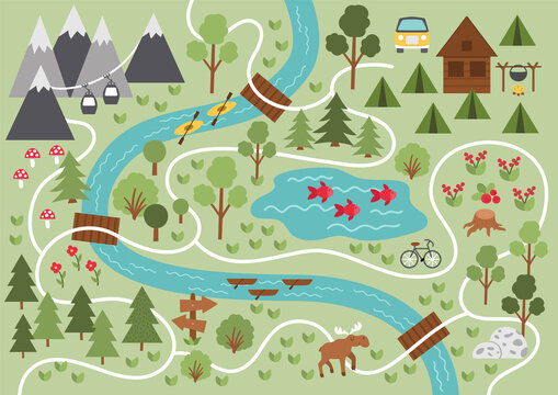 Camping map. Summer camp background. Vector nature clip art or infographic elements with mountains, trees, forest, moose, river, bike, cable car. Hiking, trekking or campfire plan. .