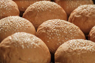 many baked sesame topping burger breads lay on oven tray waiting for cooking, shot with shallow focusing  for using as background wallpaper.
