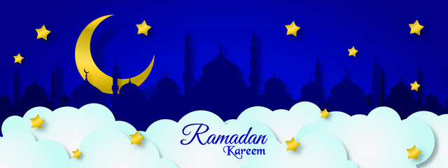 Cut out paper 3d image styled vector illustration mosque, moon, star, and cloud with ramadan kareem theme. Perfect for greeting card, poster, banner, flyer, social media post, feed, story, fleet.