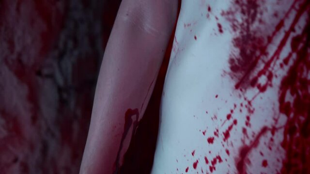 A female demon in a bloody dress and black eyes stands by smiling. Artistic image for Halloween.