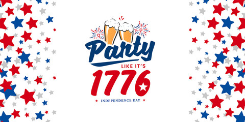 Party like it's 1776, independent day, 4th of July celebration design on red, blue and white starburst abstract background, template. Vector illustration.
