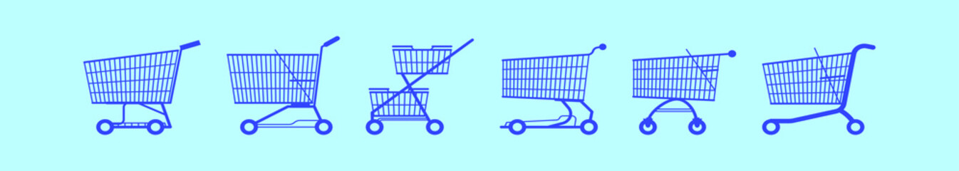 set of supermarket cart cartoon icon design template with various models. vector illustration isolated on blue background