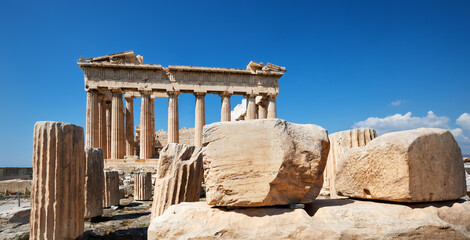 Banner, Parthenon temple on a bright day with blue sky. Panoramic image taken in Acropolis hill in...
