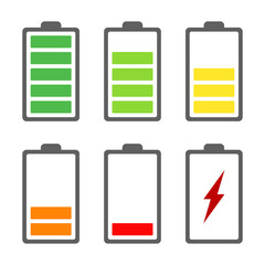six power level battery icons set, full low charge with different colors