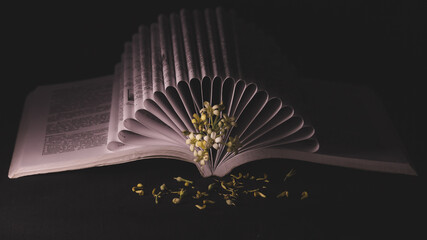 Book with flower down still life