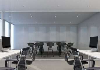 Working area in modern office with carpet floor and meeting room. interior 3d rendering