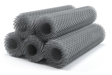 Coils of steel wire. Rabitz mesh netting rolls isolated on white. - obrazy, fototapety, plakaty