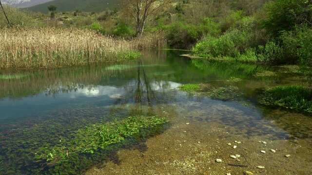 The clear and clean waters of the Tirino river in Abruzzo. It is distinguished by the constancy of the flow of its waters, mostly navigable. Abruzzo
