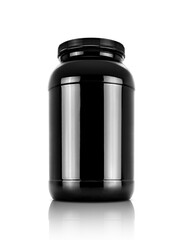 black whey protein product bottle isolated on white background