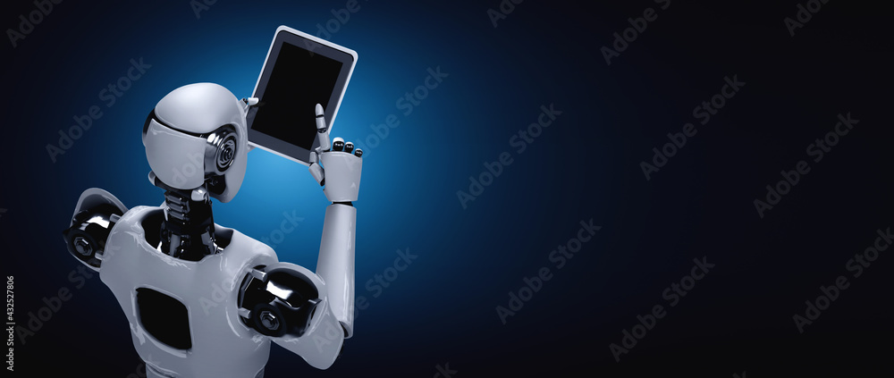Aufkleber robot humanoid using tablet computer in future office while using ai thinking brain , artificial int