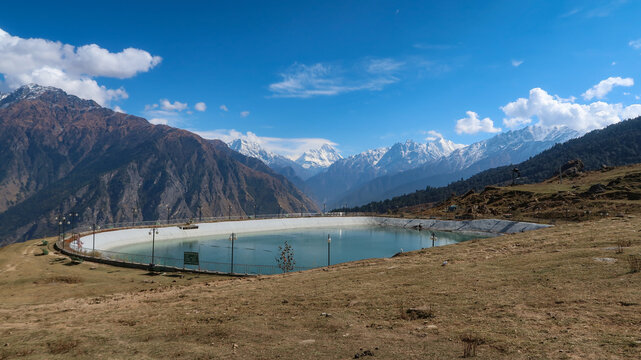 Beautiful Auli lake with snow cap Himalayas mountains in the backdrops Joshi math Uttarakhand 