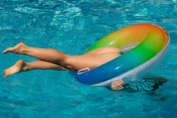 Drowning people. No swimming. Woman under water. Water rescue emergency equipment. Rescue ring.