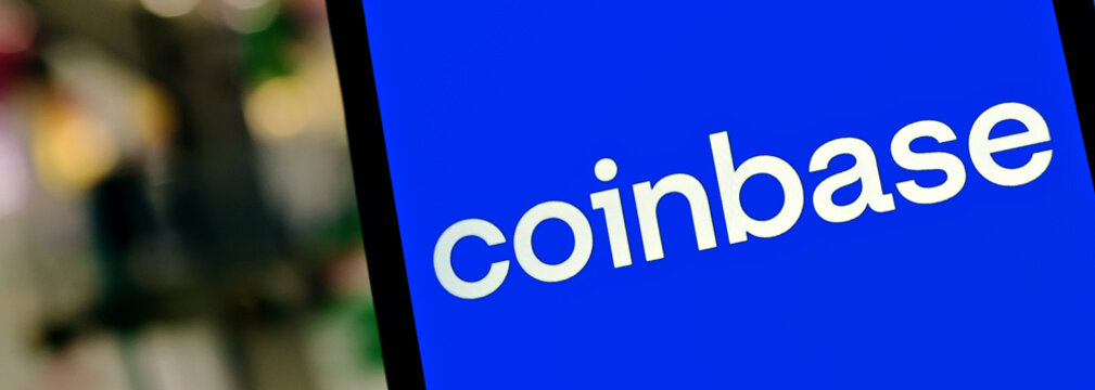 Editorial banner on Coinbase theme.  Illustrative photo for news about Coinbase - a company that operates a cryptocurrency exchange platform