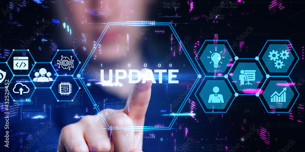 Poster business, technology, internet and network concept. update software computer program upgrade.