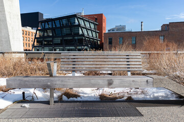 Empty Bench at The High Line with Snow during Winter in Chelsea of New York City