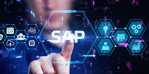 SAP System Software Automation concept on virtual screen data center. Business, modern technology, internet and networking concept.