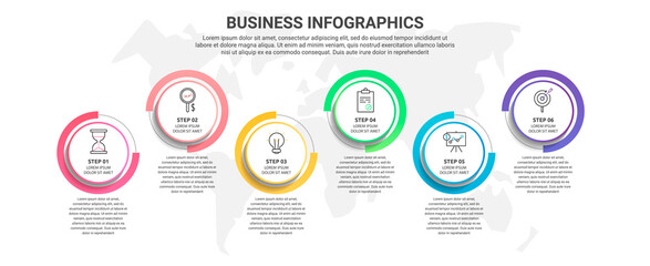 Vector flat infographic template with six circles, elements, sectors. Modern designed for business, presentations, timeline, web design, banner, levels, chart, interface 6 step diagrams